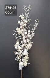 Crenguță artificială de Crăciun albă cu bobițe și păsărele – 60cm 10/set